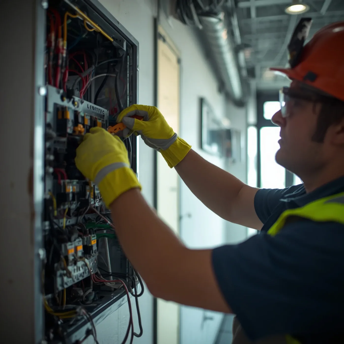 Électricien câblant un tableau électrique à Lyon