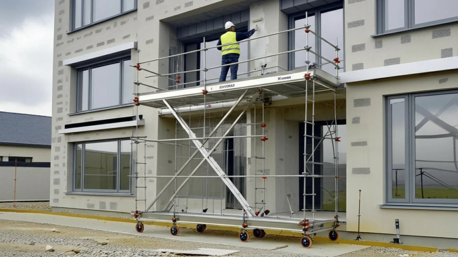 Rénovation de façade sur échafaudage roulant, maçon Lyon