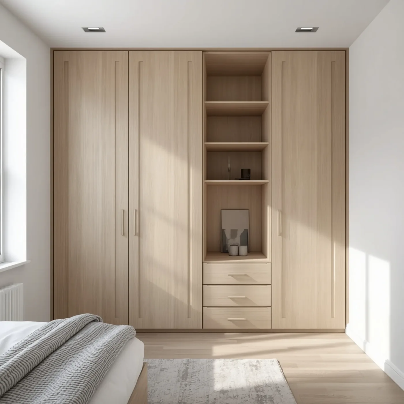 Dressing sur-mesure en bois clair réalisé par un menuisier à Lyon
