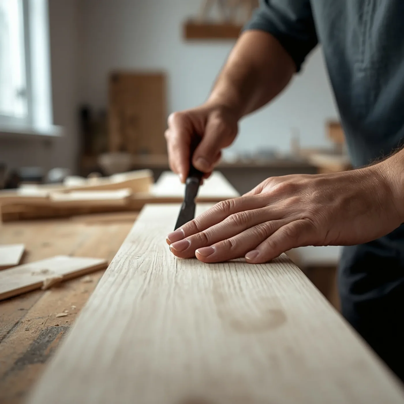 Menuisier façonnant une pièce de bois au ciseau, atelier à Lyon