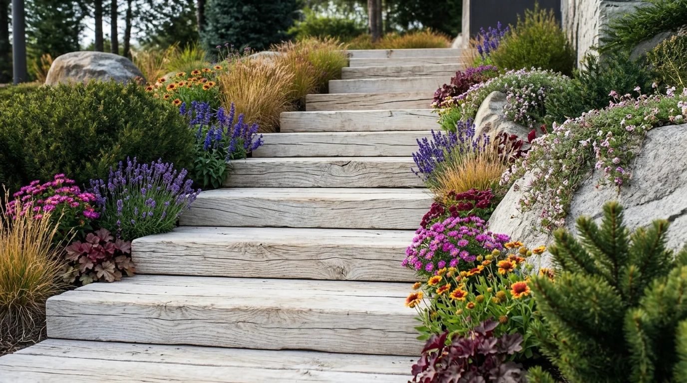 Réalisation Racines - escalier de jardin fleuri à Lyon