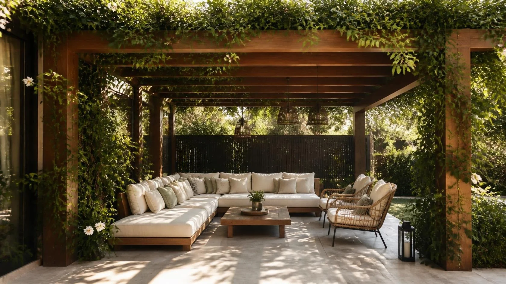 Réalisation Racines - pergola et coin lounge à Lyon