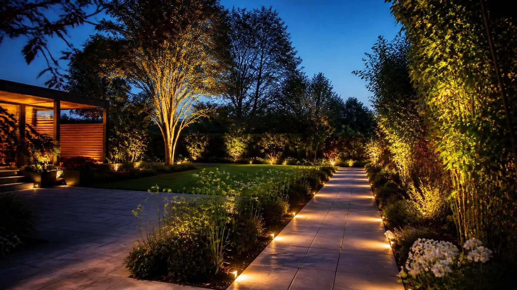 Réalisation Racines - jardin éclairé de nuit à Lyon