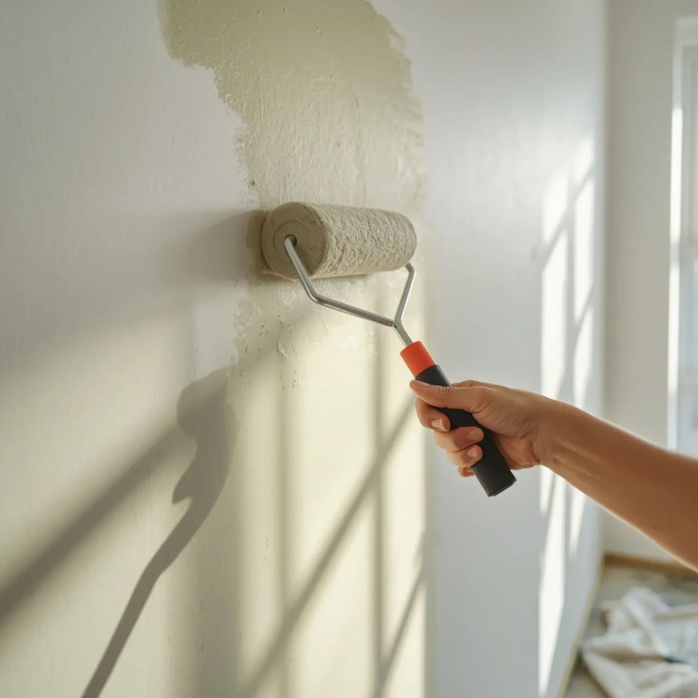 Application de peinture au rouleau sur un mur, plâtrier-peintre à Lyon