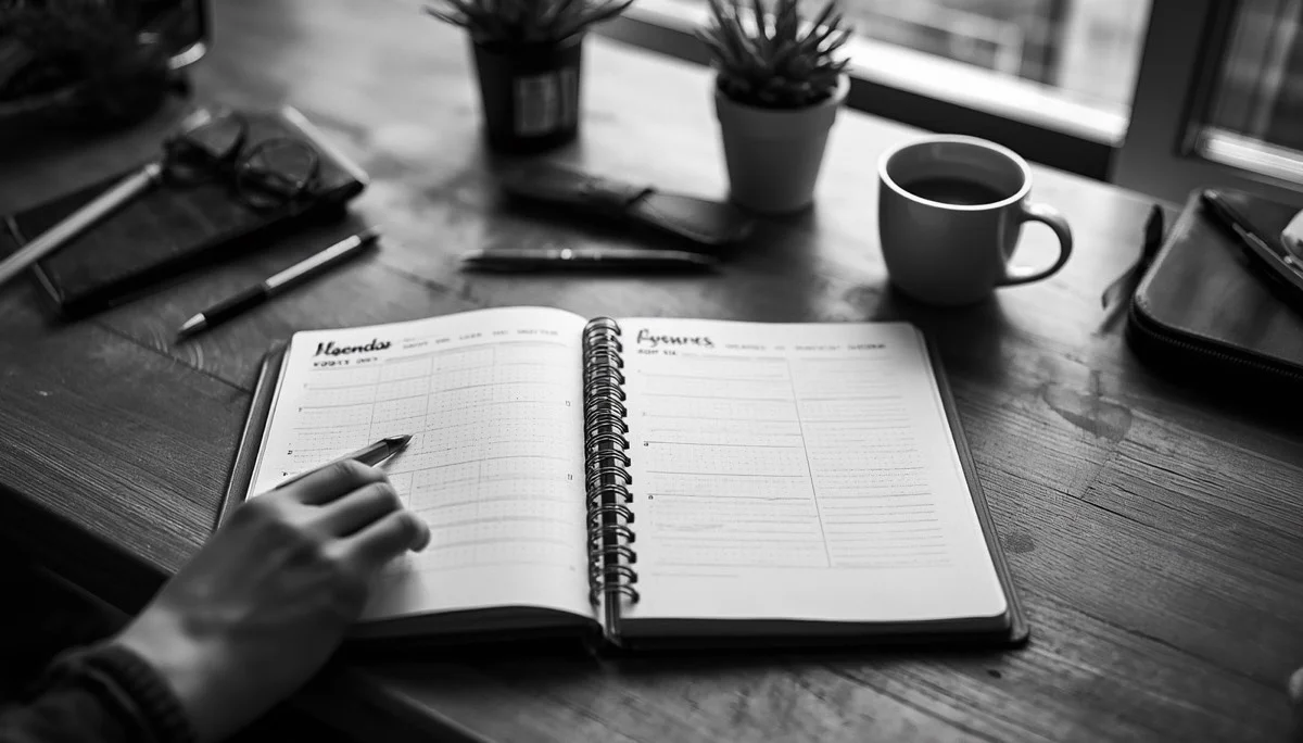 Bureau avec agenda et café, ambiance prise de rendez-vous naturopathe