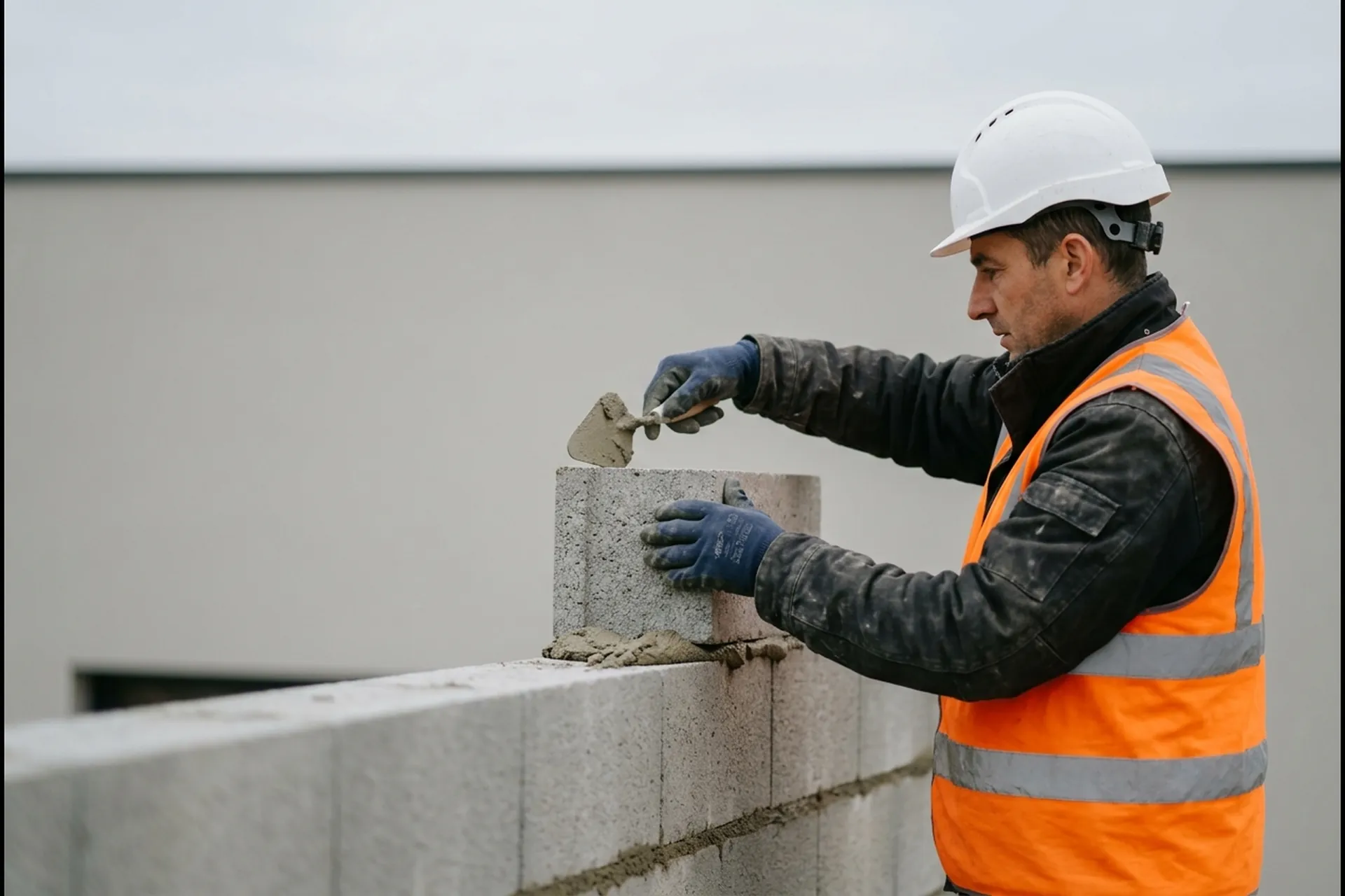 Maçon posant un parpaing avec une truelle sur un chantier près de Lyon